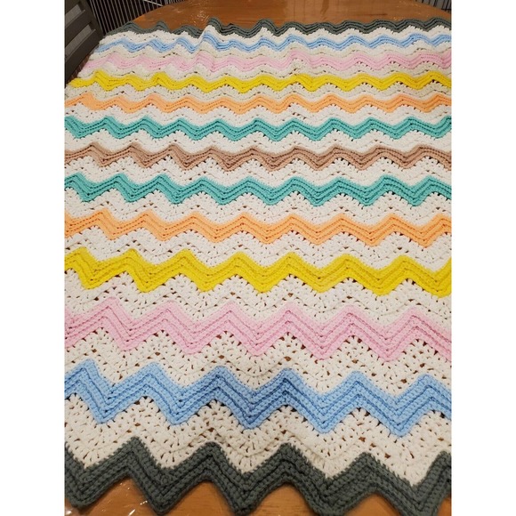 Vintage Afghan Crochet Throw Blanket Handmade Pastel Chevron Stripe 47x42 Baby - Picture 6 of 7